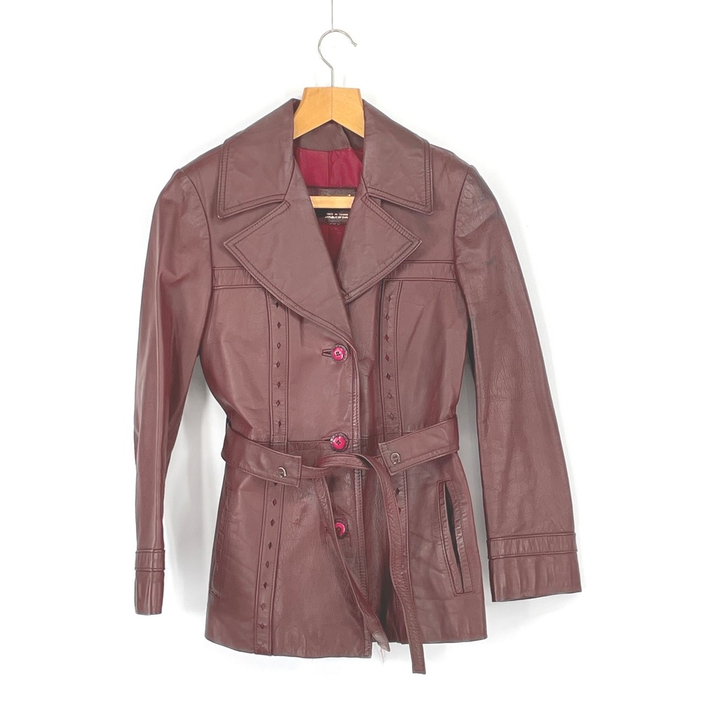 Etienne Aigner Women 60's Jacket M Trench Burgundy Leather Belted Diamond Cutout